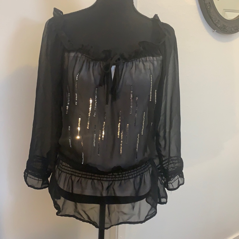 Panhandle Slim Black Sheer/Sequined Off Shoulder Blouse